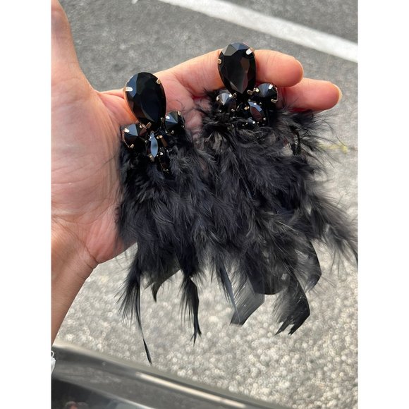 Large black earrings Fur oversized crystal wedding earrings showgirl pageant - Picture 6 of 6